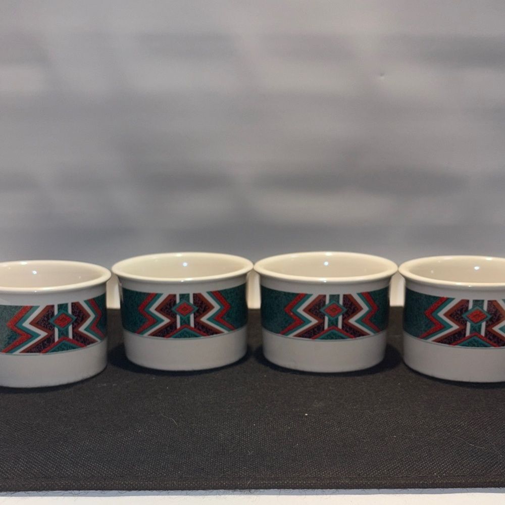 Gibson Ceramic Mugs with Red and Green Geometric Design